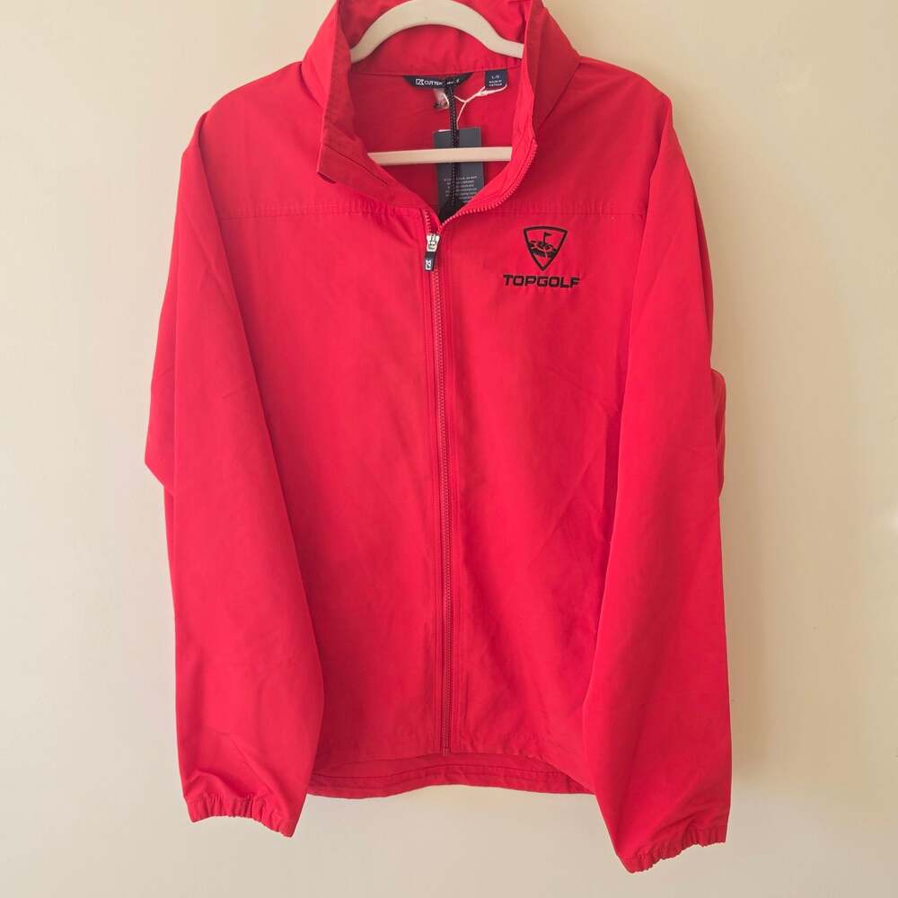 Cutter & Buck Topgolf Men's Large Red Windbreaker Jacket Packable Hood Eco Zip